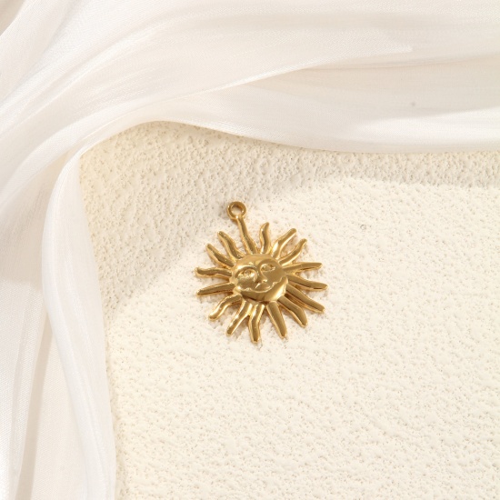 Picture of 2 PCs Eco-friendly PVD Vacuum Plating 304 Stainless Steel Galaxy Pendants 18K Gold Plated Sun Face 3.1cm x 2.7cm