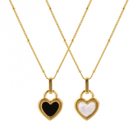 Picture of 1 Piece Eco-friendly Stylish Valentine's Day 18K Gold Plated Black & White Natural Shell & Brass Curb Link Chain Heart Double Sided Pendant Charm Necklace For Women Gift 45cm(17.7") + 5cm(2") long