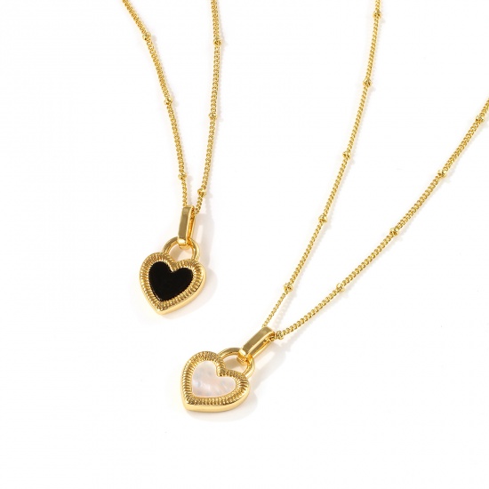 Picture of 1 Piece Eco-friendly Stylish Valentine's Day 18K Gold Plated Black & White Natural Shell & Brass Curb Link Chain Heart Double Sided Pendant Charm Necklace For Women Gift 45cm(17.7") + 5cm(2") long