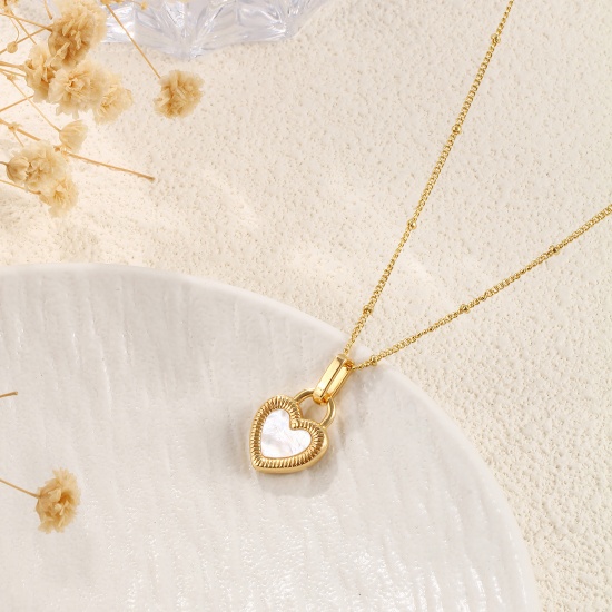 Picture of 1 Piece Eco-friendly Stylish Valentine's Day 18K Gold Plated Black & White Natural Shell & Brass Curb Link Chain Heart Double Sided Pendant Charm Necklace For Women Gift 45cm(17.7") + 5cm(2") long
