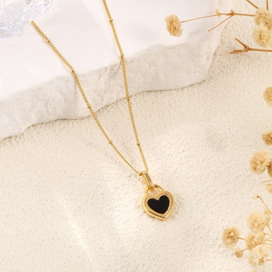 Picture of 1 Piece Eco-friendly Stylish Valentine's Day 18K Gold Plated Black & White Natural Shell & Brass Curb Link Chain Heart Double Sided Pendant Charm Necklace For Women Gift 45cm(17.7") + 5cm(2") long