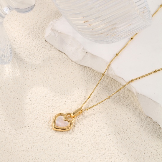 Picture of 1 Piece Eco-friendly Stylish Valentine's Day 18K Gold Plated Black & White Natural Shell & Brass Curb Link Chain Heart Double Sided Pendant Charm Necklace For Women Gift 45cm(17.7") + 5cm(2") long