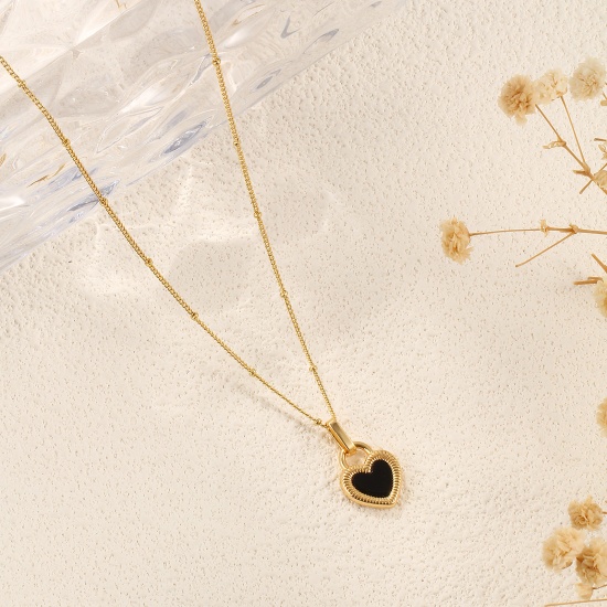 Picture of 1 Piece Eco-friendly Stylish Valentine's Day 18K Gold Plated Black & White Natural Shell & Brass Curb Link Chain Heart Double Sided Pendant Charm Necklace For Women Gift 45cm(17.7") + 5cm(2") long