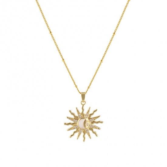Bild von 1 Strang Umweltfreundlich Exquisit Galaxis 18K Vergoldet Weiß Messing + Kubisch Zirkonia Panzerkette Kette Sonne Emaille Anhänger Halskette Für Frauen Geschenk 45cm + 5cm lang