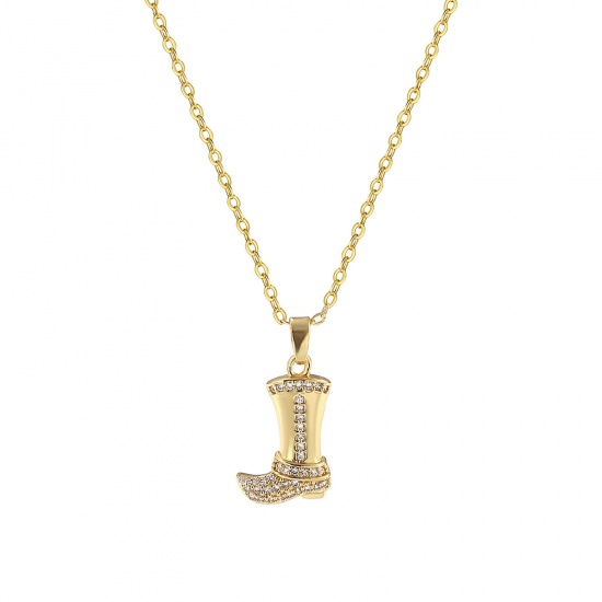 Picture of 1 Piece Eco-friendly Stylish West Cowboy 18K Real Gold Plated Brass Link Cable Chain Boots Cubic Zirconia Pendant Charm Necklace Unisex 46cm(18.1") + 6cm(2.4") long