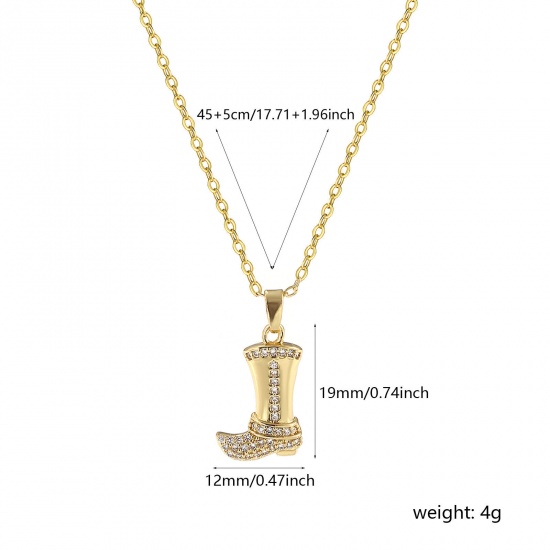 Picture of 1 Piece Eco-friendly Stylish West Cowboy 18K Real Gold Plated Brass Link Cable Chain Boots Cubic Zirconia Pendant Charm Necklace Unisex 46cm(18.1") + 6cm(2.4") long