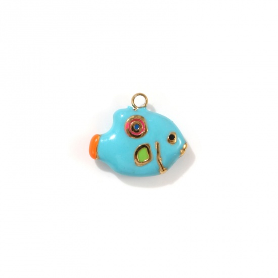 Picture of 1 Piece Eco-friendly PVD Vacuum Plating 304 Stainless Steel Ocean Jewelry Charms 18K Real Gold Plated Blue Enamel Fish Animal 3D 14mm x 12mm
