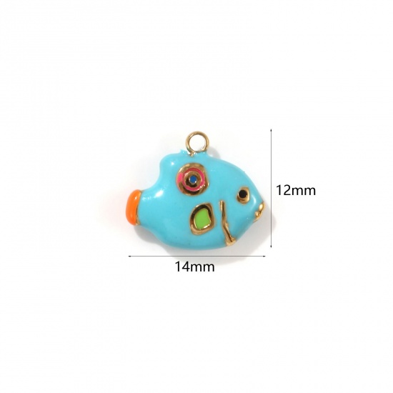 Picture of 1 Piece Eco-friendly PVD Vacuum Plating 304 Stainless Steel Ocean Jewelry Charms 18K Real Gold Plated Blue Enamel Fish Animal 3D 14mm x 12mm