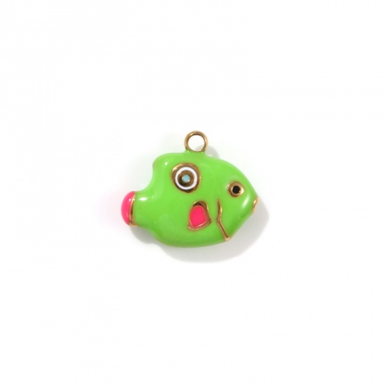 Picture of 1 Piece Eco-friendly PVD Vacuum Plating 304 Stainless Steel Ocean Jewelry Charms 18K Real Gold Plated Green Enamel Fish Animal 3D 14mm x 12mm