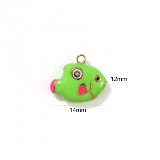 Picture of 1 Piece Eco-friendly PVD Vacuum Plating 304 Stainless Steel Ocean Jewelry Charms 18K Real Gold Plated Green Enamel Fish Animal 3D 14mm x 12mm