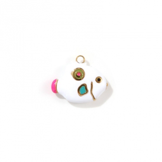 Picture of 1 Piece Eco-friendly PVD Vacuum Plating 304 Stainless Steel Ocean Jewelry Charms 18K Real Gold Plated White Enamel Fish Animal 3D 14mm x 12mm