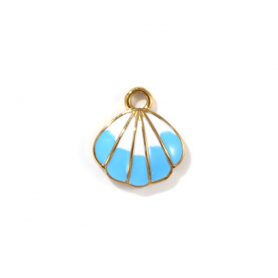 Picture of 1 Piece Eco-friendly PVD Vacuum Plating 304 Stainless Steel Ocean Jewelry Charms 18K Real Gold Plated White & Blue Enamel Shell 18mm x 16mm