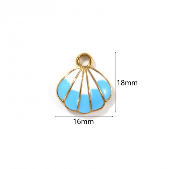 Picture of 1 Piece Eco-friendly PVD Vacuum Plating 304 Stainless Steel Ocean Jewelry Charms 18K Real Gold Plated White & Blue Enamel Shell 18mm x 16mm