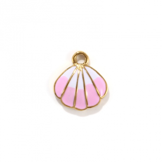 Picture of 1 Piece Eco-friendly PVD Vacuum Plating 304 Stainless Steel Ocean Jewelry Charms 18K Real Gold Plated White & Pink Enamel Shell 18mm x 16mm