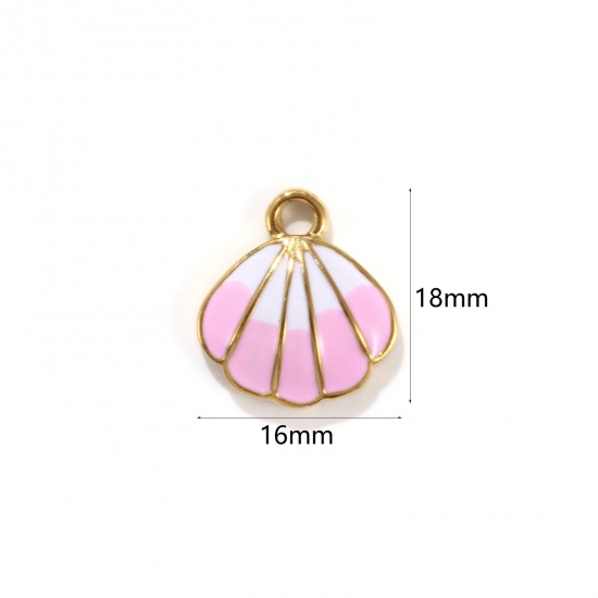 Picture of 1 Piece Eco-friendly PVD Vacuum Plating 304 Stainless Steel Ocean Jewelry Charms 18K Real Gold Plated White & Pink Enamel Shell 18mm x 16mm