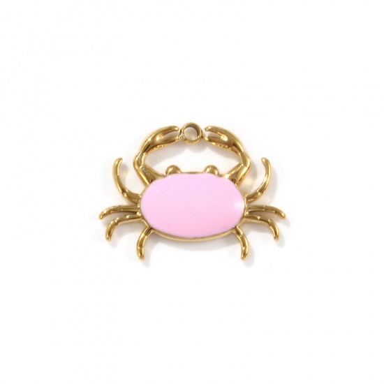 Picture of 1 Piece Eco-friendly PVD Vacuum Plating 304 Stainless Steel Ocean Jewelry Charms 18K Real Gold Plated Pink Enamel Crab Animal 20mm x 15mm