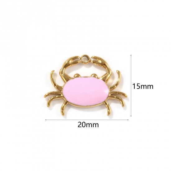 Picture of 1 Piece Eco-friendly PVD Vacuum Plating 304 Stainless Steel Ocean Jewelry Charms 18K Real Gold Plated Pink Enamel Crab Animal 20mm x 15mm
