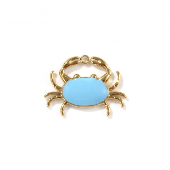 Picture of 1 Piece Eco-friendly PVD Vacuum Plating 304 Stainless Steel Ocean Jewelry Charms 18K Real Gold Plated Blue Enamel Crab Animal 20mm x 15mm