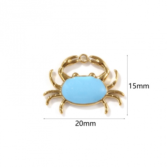 Picture of 1 Piece Eco-friendly PVD Vacuum Plating 304 Stainless Steel Ocean Jewelry Charms 18K Real Gold Plated Blue Enamel Crab Animal 20mm x 15mm