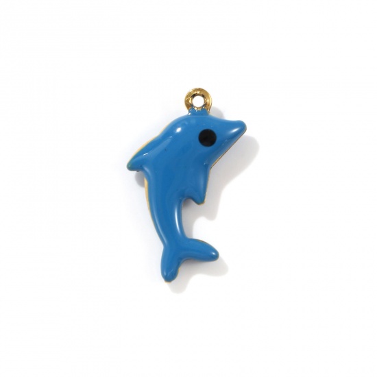 Picture of 1 Piece Eco-friendly PVD Vacuum Plating 304 Stainless Steel Ocean Jewelry Charms 18K Real Gold Plated Ink Blue Enamel Dolphin Animal Double Sided 22mm x 12mm