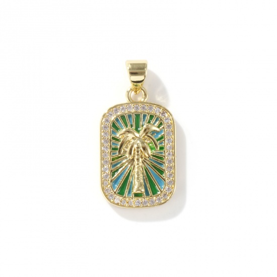Изображение 1 Piece Eco-friendly Brass Charms 18K Real Gold Plated Green Enamel Rectangle Coconut Palm Tree Micro Pave Clear Cubic Zirconia 26mm x 13mm