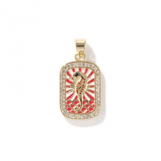 Изображение 1 Piece Eco-friendly Brass Ocean Jewelry Charms 18K Real Gold Plated Light Pink Enamel Rectangle Seahorse Micro Pave Clear Cubic Zirconia 26mm x 13mm