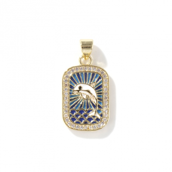 Изображение 1 Piece Eco-friendly Brass Ocean Jewelry Charms 18K Real Gold Plated Dark Blue Enamel Rectangle Dolphin Micro Pave Clear Cubic Zirconia 26mm x 13mm