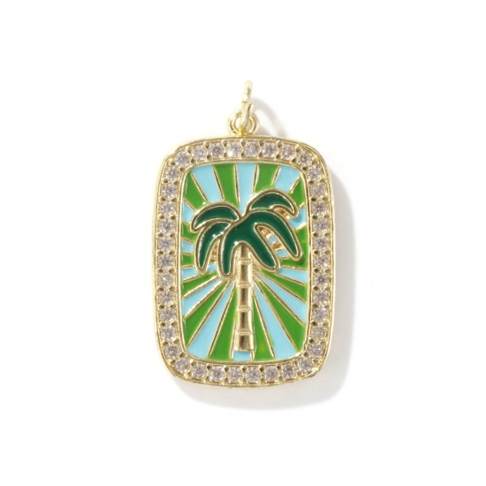 Изображение 1 Piece Eco-friendly Brass Pendants 18K Real Gold Plated Green Enamel Rectangle Coconut Palm Tree Micro Pave Clear Cubic Zirconia 3cm x 1.8cm