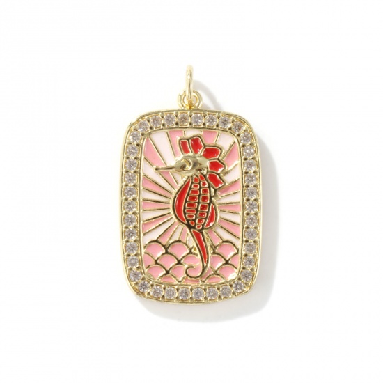 Изображение 1 Piece Eco-friendly Brass Ocean Jewelry Pendants 18K Real Gold Plated Light Pink Enamel Rectangle Seahorse Micro Pave Clear Cubic Zirconia 3cm x 1.8cm