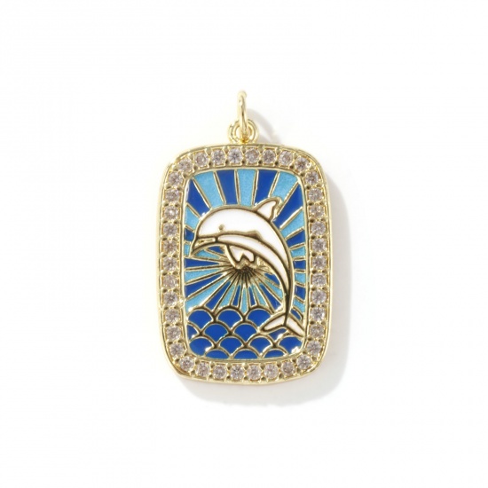 Изображение 1 Piece Eco-friendly Brass Ocean Jewelry Pendants 18K Real Gold Plated Skyblue Enamel Rectangle Dolphin Micro Pave Clear Cubic Zirconia 3cm x 1.8cm