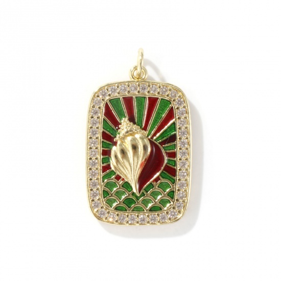 Изображение 1 Piece Eco-friendly Brass Ocean Jewelry Pendants 18K Real Gold Plated Green Enamel Rectangle Conch Sea Snail Micro Pave Clear Cubic Zirconia 3cm x 1.8cm