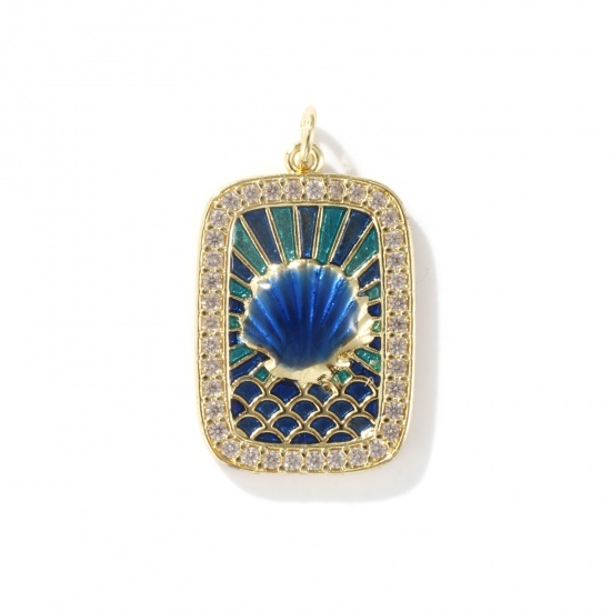 Изображение 1 Piece Eco-friendly Brass Ocean Jewelry Pendants 18K Real Gold Plated Royal Blue Enamel Rectangle Shell Micro Pave Clear Cubic Zirconia 3cm x 1.8cm