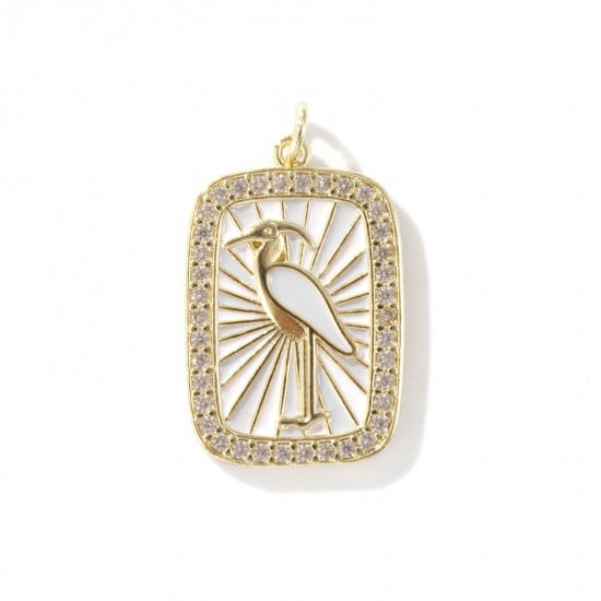 Изображение 1 Piece Eco-friendly Brass Pendants 18K Real Gold Plated White Enamel Rectangle Egret Micro Pave Clear Cubic Zirconia 3cm x 1.8cm