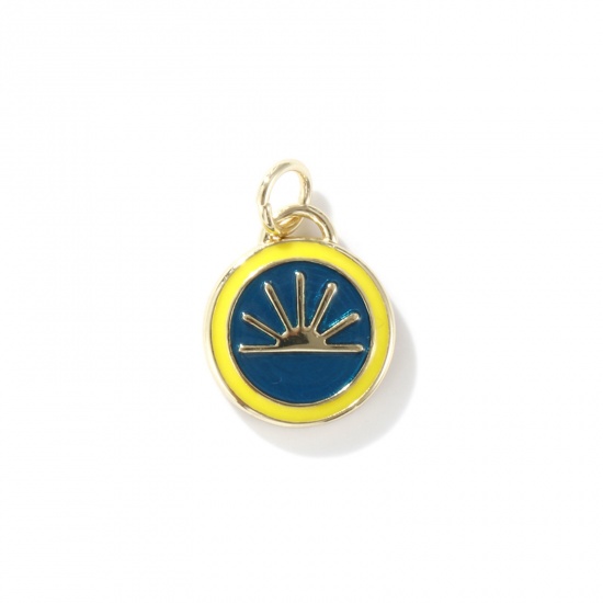 Picture of 1 Piece Eco-friendly Brass Galaxy Charms 18K Real Gold Plated Peacock Blue Enamel Round Sun 17mm x 12mm
