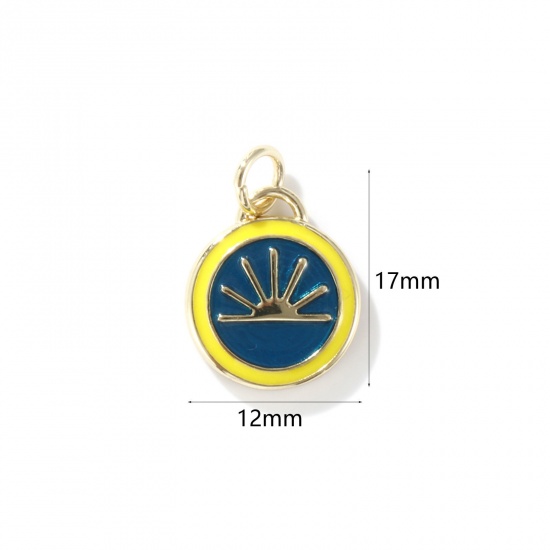Picture of 1 Piece Eco-friendly Brass Galaxy Charms 18K Real Gold Plated Peacock Blue Enamel Round Sun 17mm x 12mm