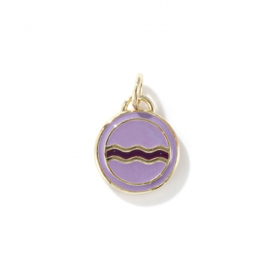 Picture of 1 Piece Eco-friendly Brass Charms 18K Real Gold Plated Mauve Enamel Round Wave 17mm x 12mm