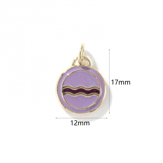 Picture of 1 Piece Eco-friendly Brass Charms 18K Real Gold Plated Mauve Enamel Round Wave 17mm x 12mm