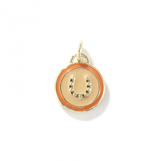 Picture of 1 Piece Eco-friendly Brass West Cowboy Charms 18K Real Gold Plated Beige Enamel Round Horseshoe 17mm x 12mm