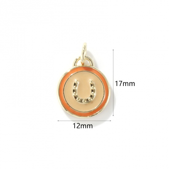 Picture of 1 Piece Eco-friendly Brass West Cowboy Charms 18K Real Gold Plated Beige Enamel Round Horseshoe 17mm x 12mm