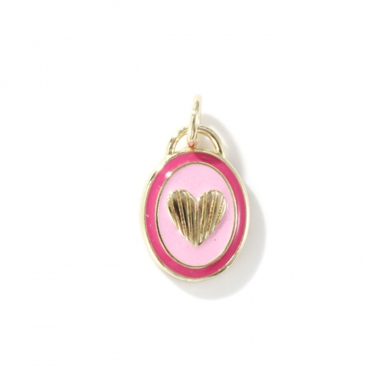 Picture of 1 Piece Eco-friendly Brass Valentine's Day Charms 18K Real Gold Plated Pink Enamel Oval Heart 18mm x 10mm