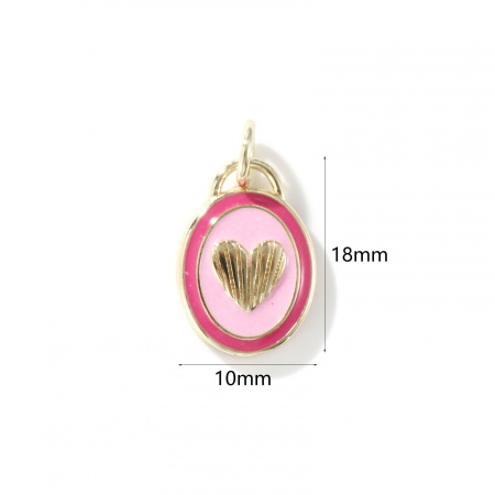 Bild von 1 Stück Umweltfreundlich Messing Valentinstag Charms 18K Echtgold plattiert Rosa Emaille Oval Herz 18mm x 10mm