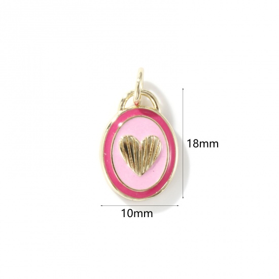 Picture of 1 Piece Eco-friendly Brass Valentine's Day Charms 18K Real Gold Plated Pink Enamel Oval Heart 18mm x 10mm