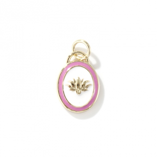 Picture of 1 Piece Eco-friendly Brass Charms 18K Real Gold Plated White Enamel Oval Lotus Flower 18mm x 10mm