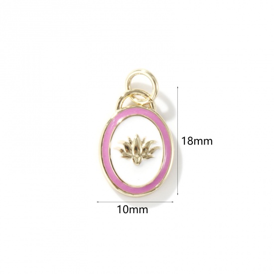 Picture of 1 Piece Eco-friendly Brass Charms 18K Real Gold Plated White Enamel Oval Lotus Flower 18mm x 10mm