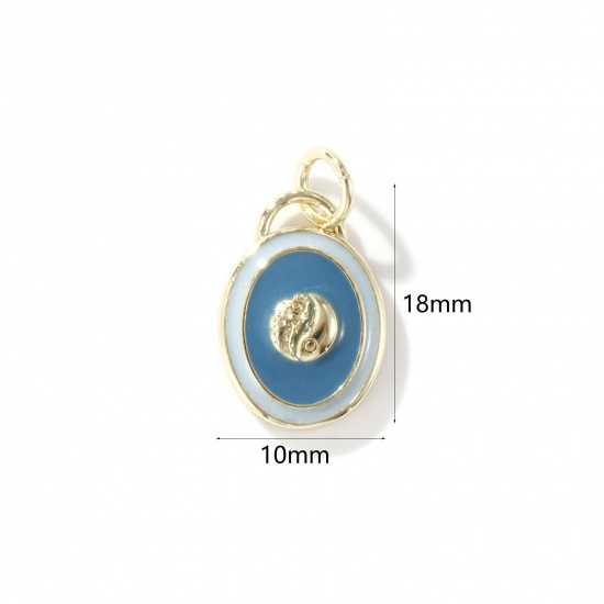 Picture of 1 Piece Eco-friendly Brass Religious Charms 18K Real Gold Plated Steel Gray Enamel Oval Yin Yang Symbol 18mm x 10mm