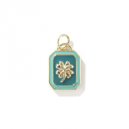 Picture of 1 Piece Eco-friendly Brass Charms 18K Real Gold Plated Green Enamel Octagon Four Leaf Clover 18mm x 10mm