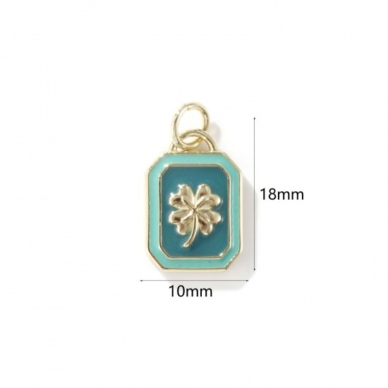 Picture of 1 Piece Eco-friendly Brass Charms 18K Real Gold Plated Green Enamel Octagon Four Leaf Clover 18mm x 10mm
