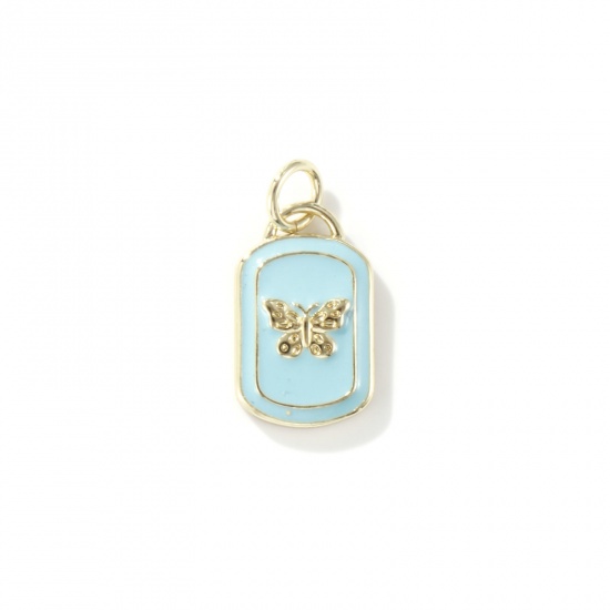 Picture of 1 Piece Eco-friendly Brass Insect Charms 18K Real Gold Plated Light Blue Enamel Rectangle Butterfly 18mm x 9mm