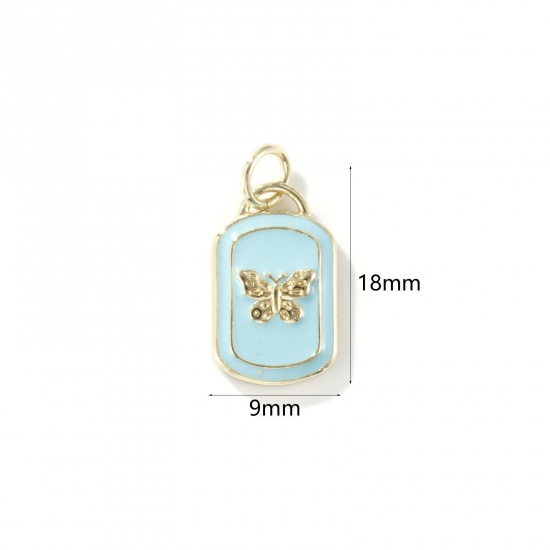 Picture of 1 Piece Eco-friendly Brass Insect Charms 18K Real Gold Plated Light Blue Enamel Rectangle Butterfly 18mm x 9mm