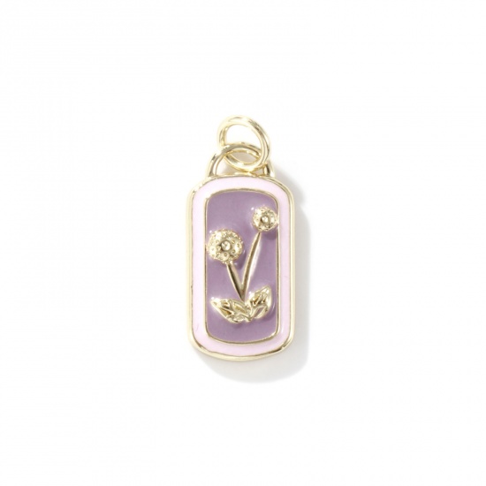 Picture of 1 Piece Eco-friendly Brass Charms 18K Real Gold Plated Mauve Enamel Rectangle Dandelion 21mm x 9mm